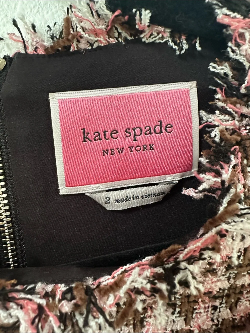 Kate Spade Tweed Houndstooth Shift Dress Fringe Back Zip Size 2 Office Cocktail